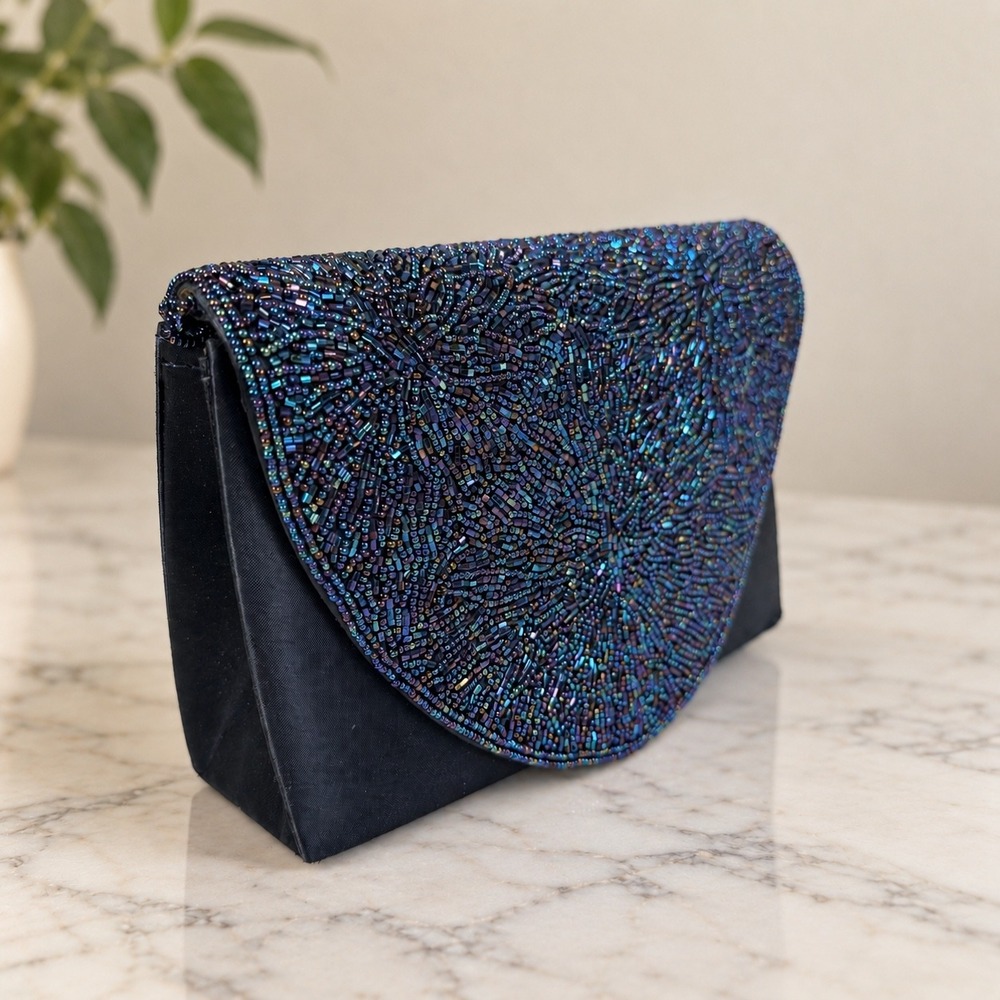 Old Hollywood Gatsby Glam Vintage La Regale Purse Navy Beaded Satin Clutch Purse